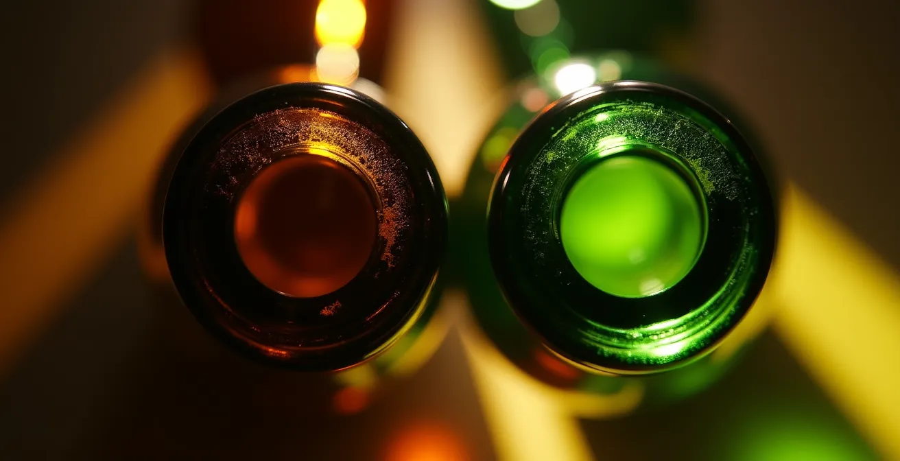 Braune und grüne Weinflaschen im Lichtvergleich, die den unterschiedlichen Schutz vor Lichteinfall zeigen.