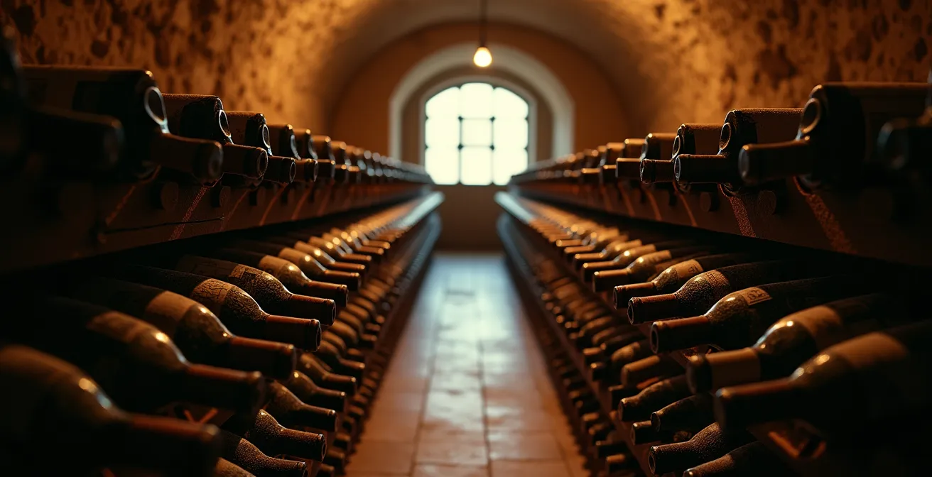 Dunkler Weinkeller mit horizontal gelagerten Spätburgunder-Flaschen