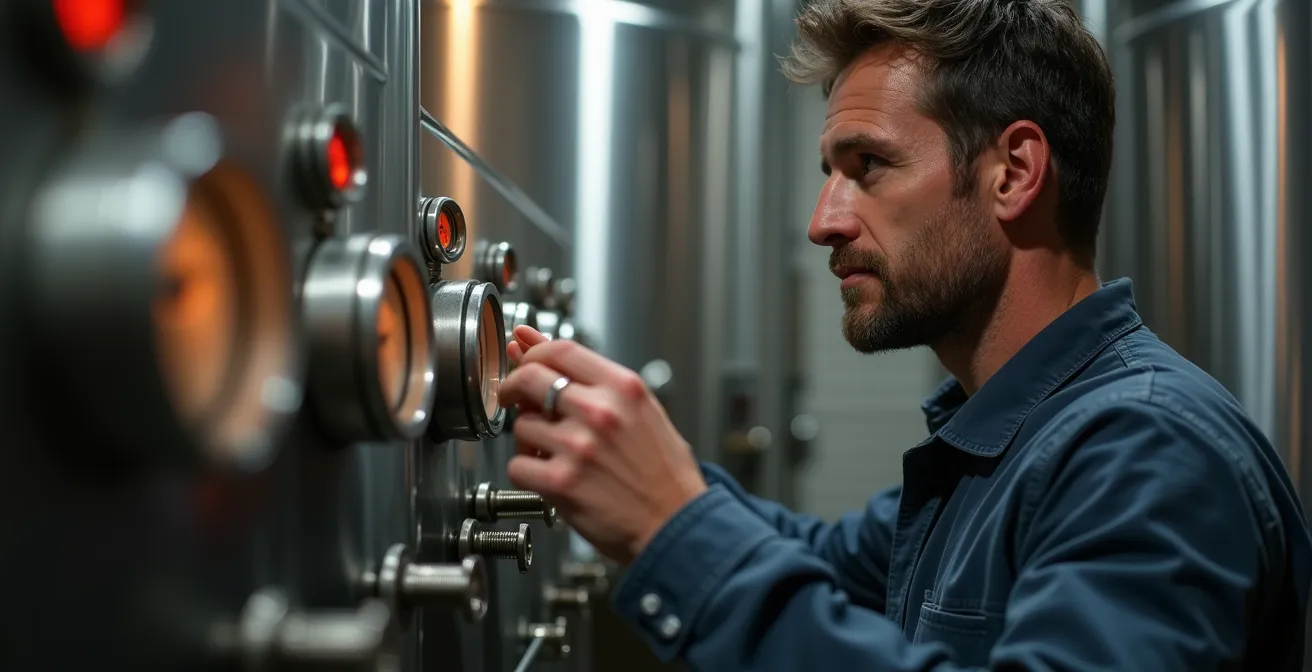 Kellermeister prüft Temperatur an modernem Edelstahltank