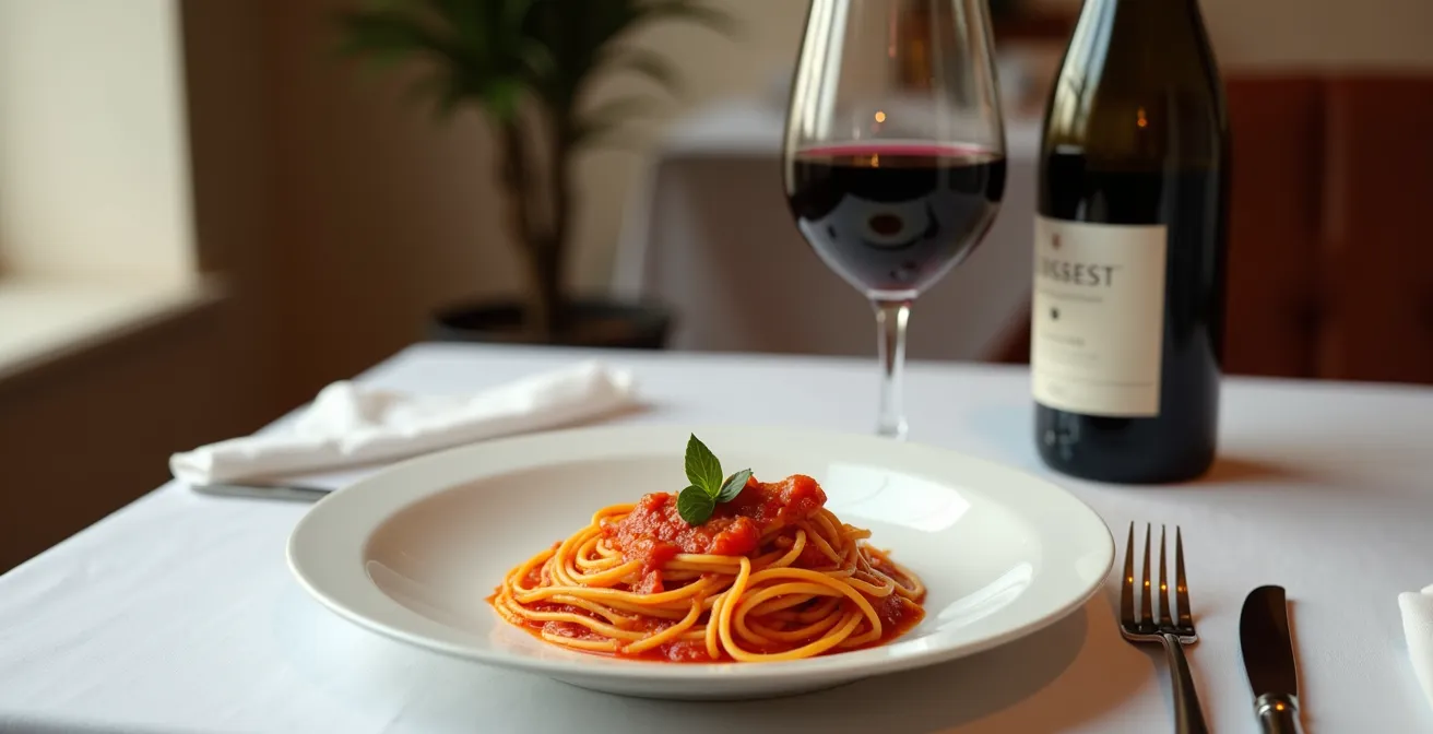Harmonische Weinbegleitung zu Tomatenpasta visualisiert