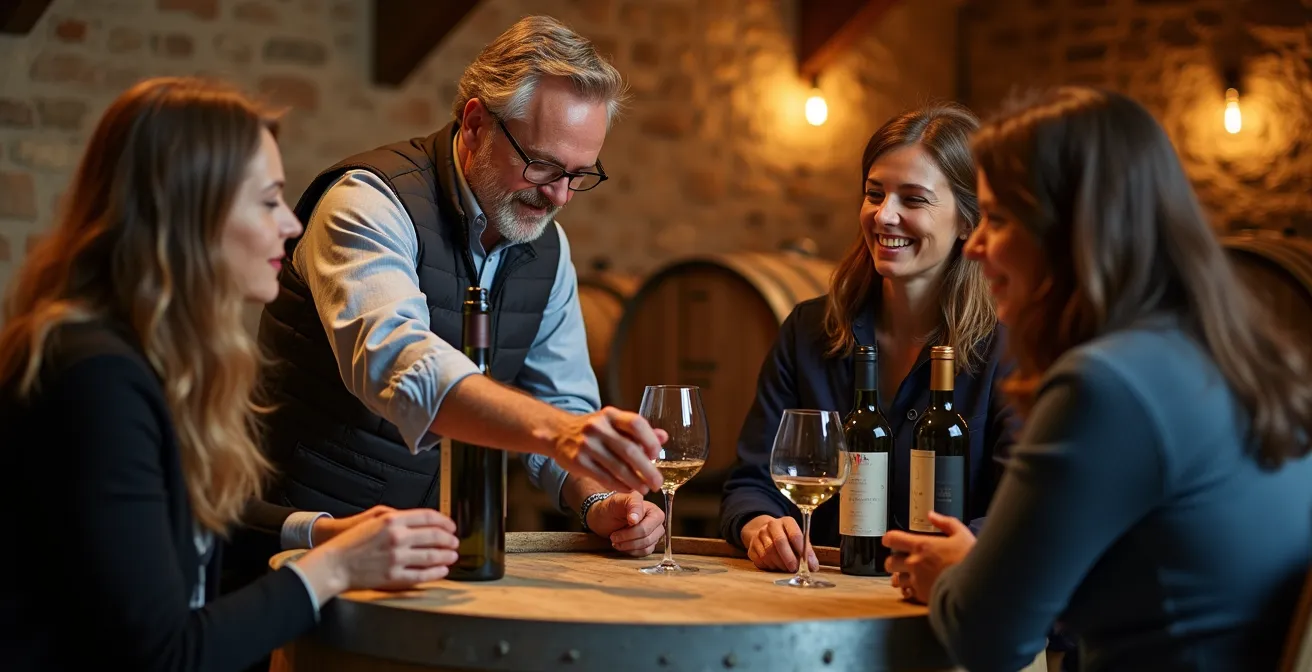 Intime Weinprobe in einem deutschen Weinkeller mit Winzer und Gästen
