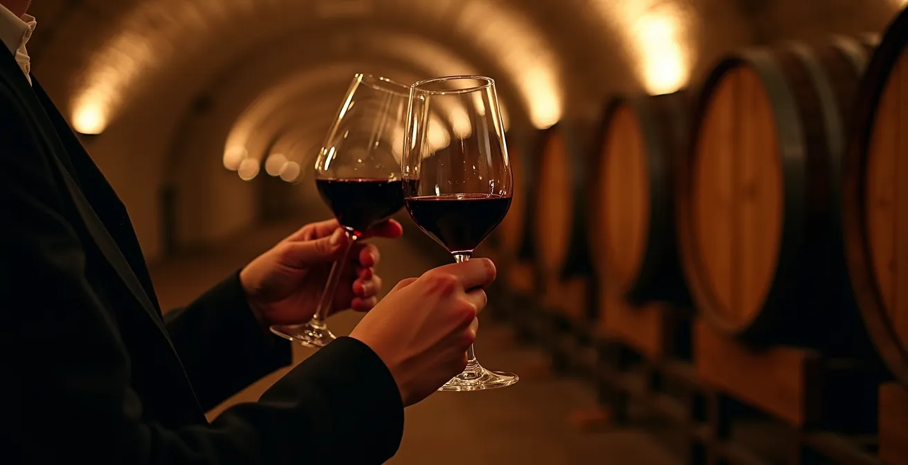 Stimmungsvoller historischer Weinkeller mit Holzfässern und warmem Kerzenlicht