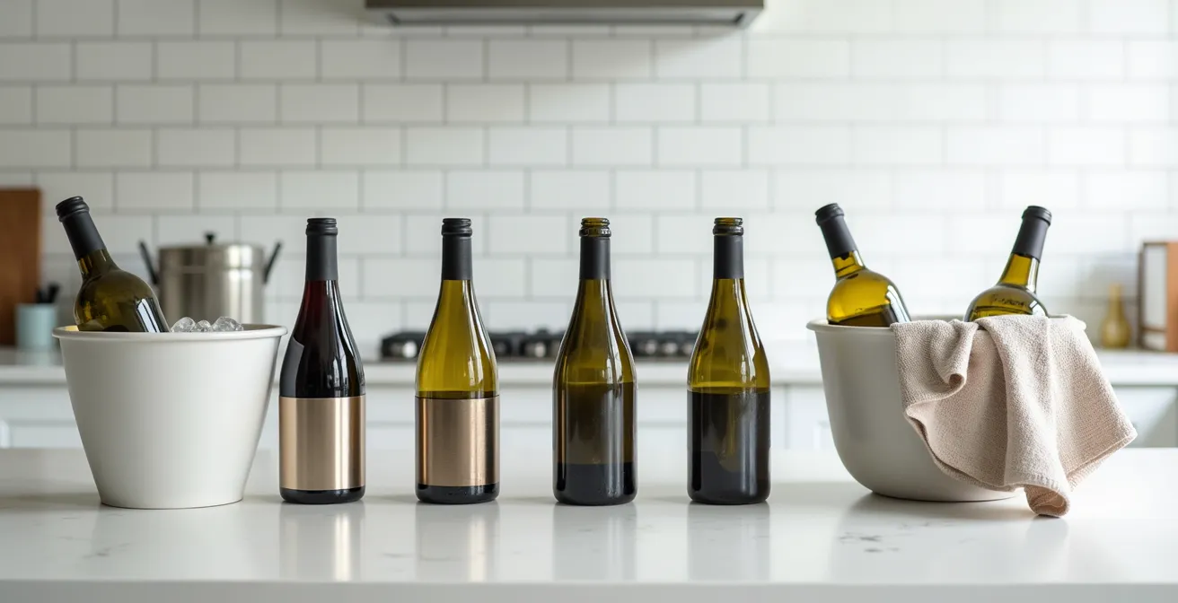 Verschiedene Weinflaschen mit Kühlmanschetten auf einem Serviertisch