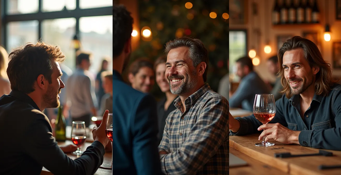 Drei verschiedene Weinlern-Personas in typischen Fest-Situationen