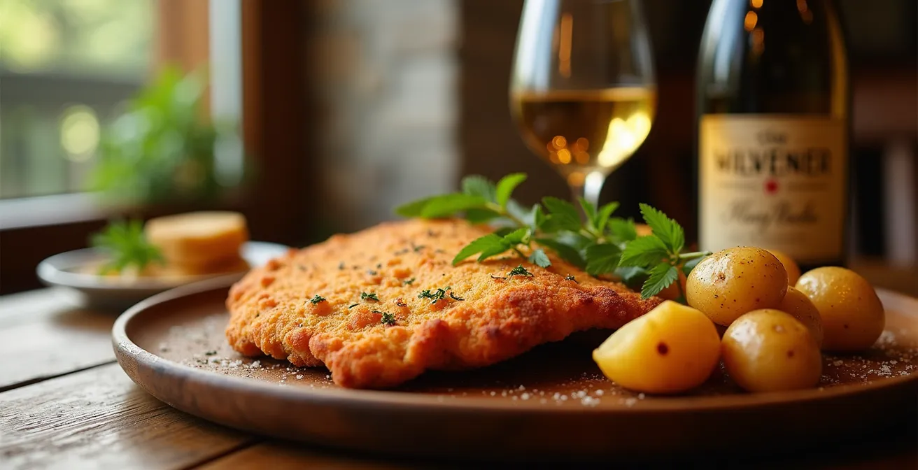 Goldbraunes Wiener Schnitzel mit Bratkartoffeln auf rustikalem Holztisch, daneben ein gefülltes Weinglas