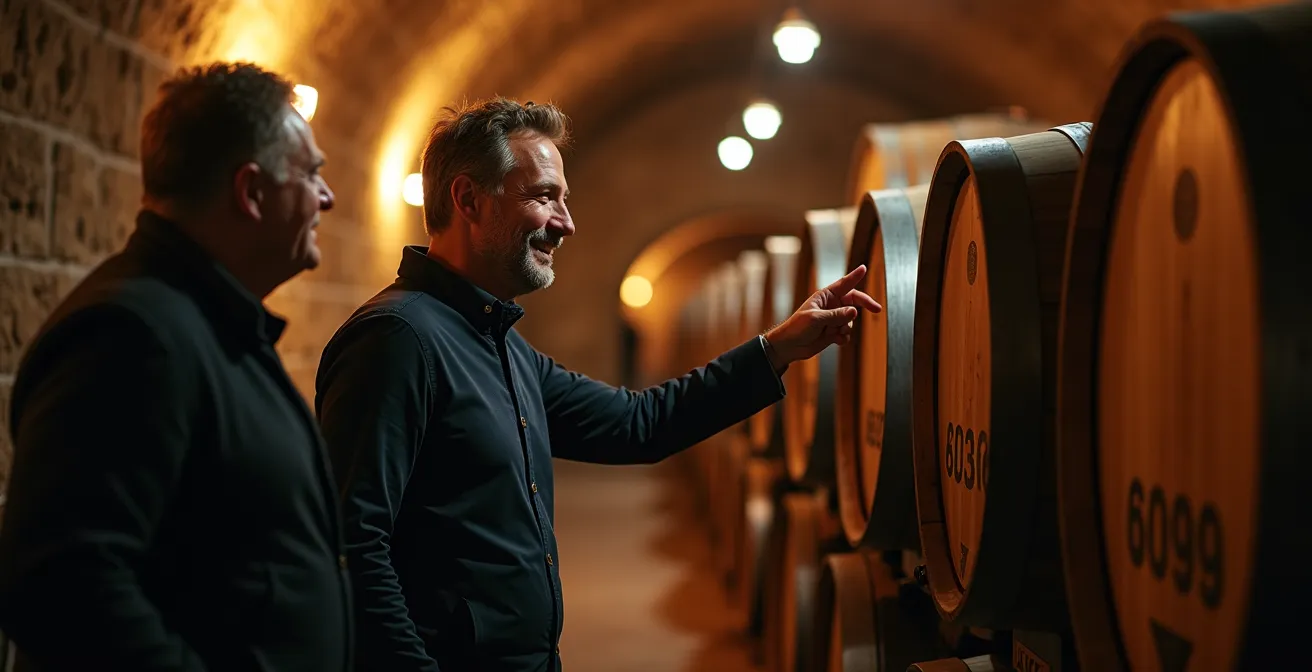 Winzer erklärt Gästen im Weinkeller die Besonderheiten seiner Weine, während sie interessiert zuhören.