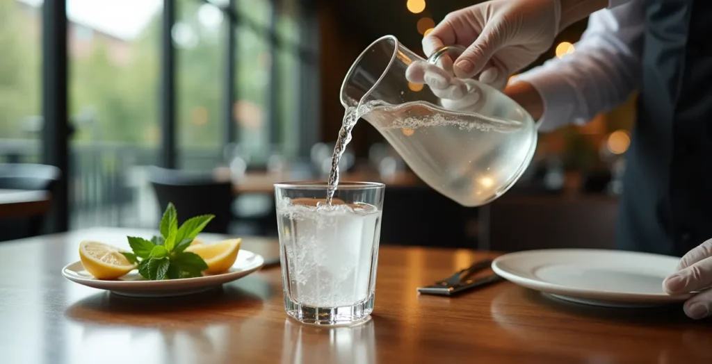 Detailaufnahme von Servicepersonal beim Einschenken von Wasser in elegantes Glas Detailaufnahme von Servicepersonal beim Einschenken von Wasser in elegantes Glas